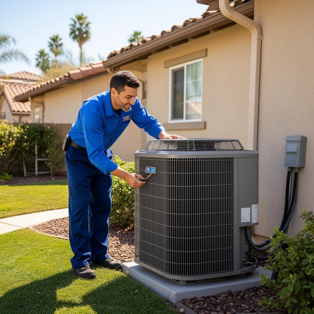 Licensed California HVAC technician inspecting an outdoor AC unit